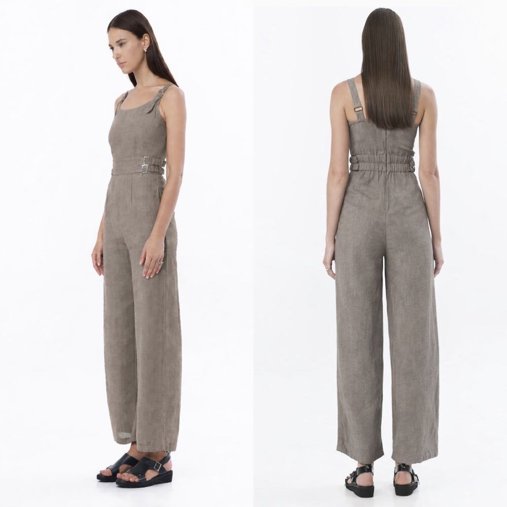 Jonny Cota Women's Chick Buckle Gray Linen Overalls Jumpsuit S Wide Leg Luxury
